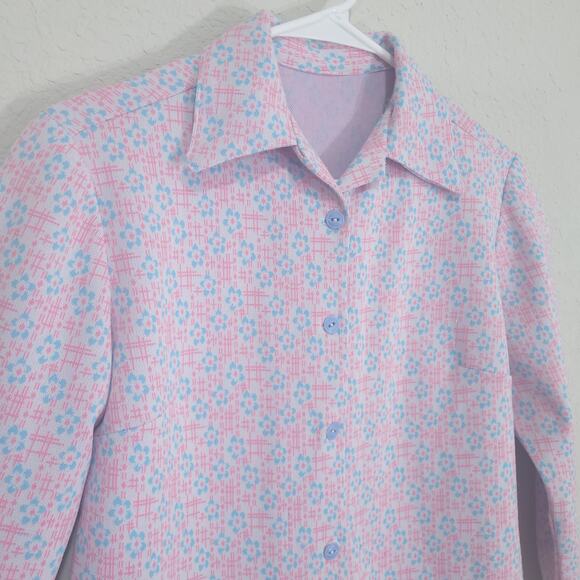 Vintage Shirt 60s 70s Womens M  Pink Blue Floral Stretch Mod Retro Unique Cute - Picture 6 of 9